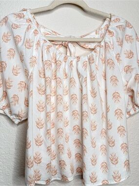 Old Navy White & Orange Leaf Print Cotton Blend Puff Sleeve Blouse Size M